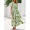 imagePRETTYGARDEN Womens Summer Maxi Dress 2025 Resort Wear Boho Floral V Neck Puff Short Sleeve Ruffle Flowy Beach Long DressesLeaves Light Green