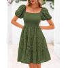 imagePRETTYGARDEN Womens Summer Puff Sleeve Mini Dress Off Shoulder Eyelet Smocked A Line Casual Babydoll Short DressesArmy Green