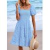 imagePRETTYGARDEN Womens Summer Puff Sleeve Mini Dress Off Shoulder Eyelet Smocked A Line Casual Babydoll Short DressesBlue
