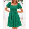 imagePRETTYGARDEN Womens Summer Puff Sleeve Mini Dress Off Shoulder Eyelet Smocked A Line Casual Babydoll Short DressesGreen