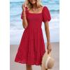 imagePRETTYGARDEN Womens Summer Puff Sleeve Mini Dress Off Shoulder Eyelet Smocked A Line Casual Babydoll Short DressesRed