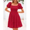 imagePRETTYGARDEN Womens Summer Puff Sleeve Mini Dress Off Shoulder Eyelet Smocked A Line Casual Babydoll Short DressesRed