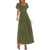 imagePRETTYGARDEN Summer Dresses for Women 2025 Eyelet Square Neck Puff Sleeve Smocked Wedding Guest Maxi Dress with PocketsArmy Green