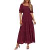 imagePRETTYGARDEN Womens 2025 Summer Casual Midi Dresses Square Neck Short Sleeve Smocked A Line Floral Flowy Elegant Boho DressWine Red