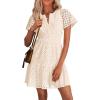 imagePRETTYGARDEN Womens 2025 Summer Short Dress V Neck Short Sleeve A Line Hollow Out Lace Ruffle Cute Casual Beach Party DressesBeige