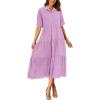 imagePRETTYGARDEN Womens Summer Beach Maxi Dress Short Sleeve Buttons Tiered Ruffle A Line Swing DressesSolid Purple