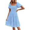 imagePRETTYGARDEN Womens Summer Puff Sleeve Mini Dress Off Shoulder Eyelet Smocked A Line Casual Babydoll Short DressesBlue
