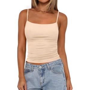 imagePRETTYGARDEN Built in Bra Tank Tops for Women Summer 2025 Sleeveless Spaghetti Strap Camisole Basic Crop Cute Going Out TopApricot