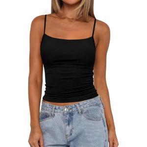 imagePRETTYGARDEN Built in Bra Tank Tops for Women Summer 2025 Sleeveless Spaghetti Strap Camisole Basic Crop Cute Going Out TopBlack