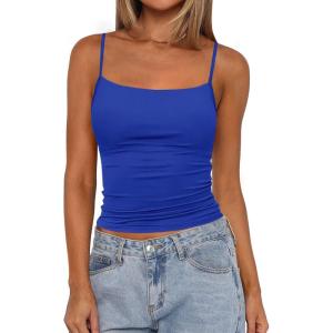 imagePRETTYGARDEN Built in Bra Tank Tops for Women Summer 2025 Sleeveless Spaghetti Strap Camisole Basic Crop Cute Going Out TopBlue
