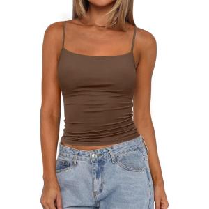 imagePRETTYGARDEN Built in Bra Tank Tops for Women Summer 2025 Sleeveless Spaghetti Strap Camisole Basic Crop Cute Going Out TopCoffee