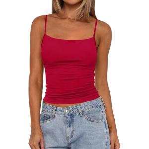 imagePRETTYGARDEN Built in Bra Tank Tops for Women Summer 2025 Sleeveless Spaghetti Strap Camisole Basic Crop Cute Going Out TopRed