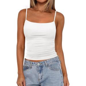 imagePRETTYGARDEN Built in Bra Tank Tops for Women Summer 2025 Sleeveless Spaghetti Strap Camisole Basic Crop Cute Going Out TopWhite