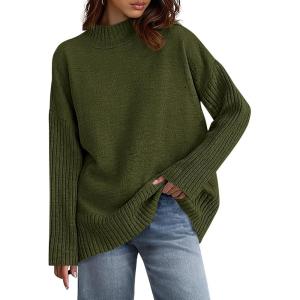 imagePRETTYGARDEN Casual Long Sleeve Oversized Sweaters for Women 2025 Loose Mock Neck Pullover Sweater Ribbed Knit Fall ClothesArmy Green