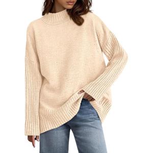 imagePRETTYGARDEN Casual Long Sleeve Oversized Sweaters for Women 2025 Loose Mock Neck Pullover Sweater Ribbed Knit Fall ClothesBeige