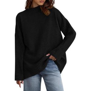 imagePRETTYGARDEN Casual Long Sleeve Oversized Sweaters for Women 2025 Loose Mock Neck Pullover Sweater Ribbed Knit Fall ClothesBlack
