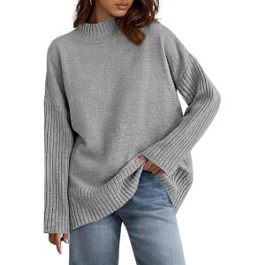 imagePRETTYGARDEN Casual Long Sleeve Oversized Sweaters for Women 2025 Loose Mock Neck Pullover Sweater Ribbed Knit Fall ClothesGrey