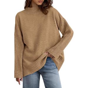 imagePRETTYGARDEN Casual Long Sleeve Oversized Sweaters for Women 2025 Loose Mock Neck Pullover Sweater Ribbed Knit Fall ClothesKhaki
