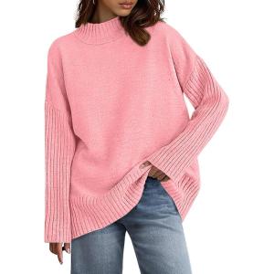 imagePRETTYGARDEN Casual Long Sleeve Oversized Sweaters for Women 2025 Loose Mock Neck Pullover Sweater Ribbed Knit Fall ClothesPink