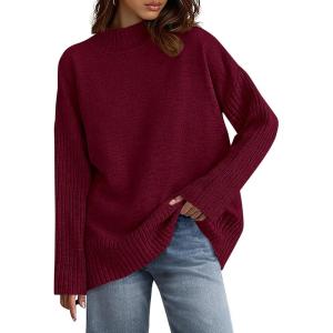 imagePRETTYGARDEN Casual Long Sleeve Oversized Sweaters for Women 2025 Loose Mock Neck Pullover Sweater Ribbed Knit Fall ClothesWine Red