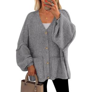 imagePRETTYGARDEN Fall Chunky Cardigan Sweaters for Women 2025 Button Lantern Sleeve Knit Oversized Sweater Coats with PocketsDark Grey