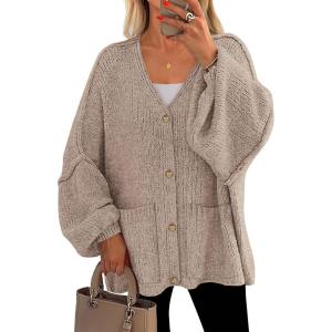 imagePRETTYGARDEN Fall Chunky Cardigan Sweaters for Women 2025 Button Lantern Sleeve Knit Oversized Sweater Coats with PocketsLight Khaki