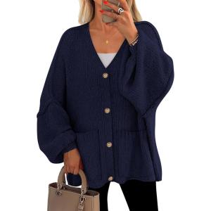 imagePRETTYGARDEN Fall Chunky Cardigan Sweaters for Women 2025 Button Lantern Sleeve Knit Oversized Sweater Coats with PocketsNavy