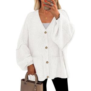 imagePRETTYGARDEN Fall Chunky Cardigan Sweaters for Women 2025 Button Lantern Sleeve Knit Oversized Sweater Coats with PocketsWhite