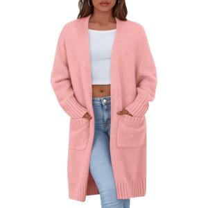 imagePRETTYGARDEN Fall Long Sleeve Cardigan Sweaters for Women 2025 Trendy Winter Open Front Loose Knitted Cardigans with PocketsPink