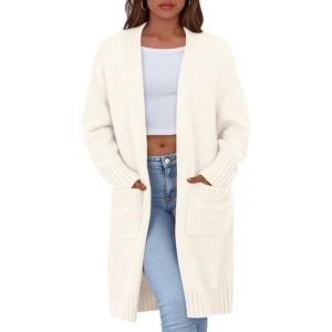 imagePRETTYGARDEN Fall Long Sleeve Cardigan Sweaters for Women 2025 Trendy Winter Open Front Loose Knitted Cardigans with PocketsWhite