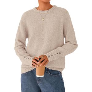 imagePRETTYGARDEN Fall Sweaters for Women 2025 Cozy Casual Crewneck Pullover Button Long Sleeve Knit Tops Winter Fashion ClothingBeige