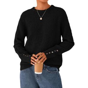 imagePRETTYGARDEN Fall Sweaters for Women 2025 Cozy Casual Crewneck Pullover Button Long Sleeve Knit Tops Winter Fashion ClothingBlack