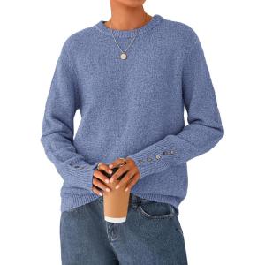 imagePRETTYGARDEN Fall Sweaters for Women 2025 Cozy Casual Crewneck Pullover Button Long Sleeve Knit Tops Winter Fashion ClothingBlue