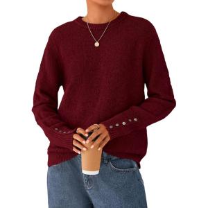 imagePRETTYGARDEN Fall Sweaters for Women 2025 Cozy Casual Crewneck Pullover Button Long Sleeve Knit Tops Winter Fashion ClothingBurgundy