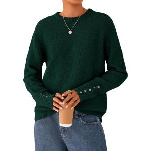 imagePRETTYGARDEN Fall Sweaters for Women 2025 Cozy Casual Crewneck Pullover Button Long Sleeve Knit Tops Winter Fashion ClothingDark Green