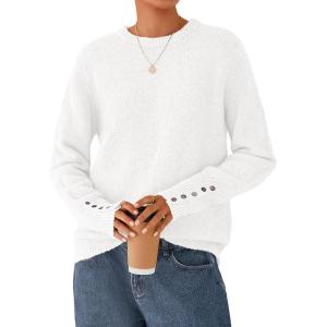 imagePRETTYGARDEN Fall Sweaters for Women 2025 Cozy Casual Crewneck Pullover Button Long Sleeve Knit Tops Winter Fashion ClothingWhite