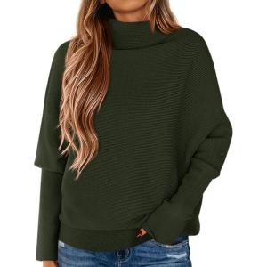 imagePRETTYGARDEN Fall Sweaters for Women 2025 Winter Clothing Batwing Long Sleeve Casual Tops Loose Knit Turtleneck SweaterArmy Green