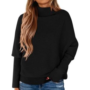 imagePRETTYGARDEN Fall Sweaters for Women 2025 Winter Clothing Batwing Long Sleeve Casual Tops Loose Knit Turtleneck SweaterBlack