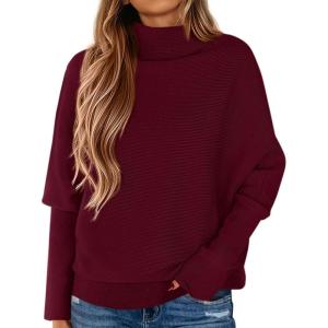 imagePRETTYGARDEN Fall Sweaters for Women 2025 Winter Clothing Batwing Long Sleeve Casual Tops Loose Knit Turtleneck SweaterWine Red
