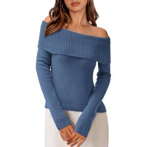 imagePRETTYGARDEN Off The Shoulder Sweater for Women 2025 Fall Fashion Cute Long Sleeve Tops Winter Ribbed Pullover Knit OutfitsGrey Blue
