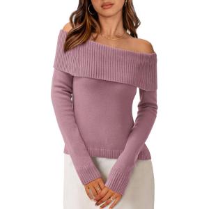 imagePRETTYGARDEN Off The Shoulder Sweater for Women 2025 Fall Fashion Cute Long Sleeve Tops Winter Ribbed Pullover Knit OutfitsHeather Pink