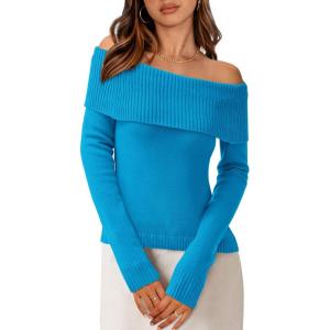 imagePRETTYGARDEN Off The Shoulder Sweater for Women 2025 Fall Fashion Cute Long Sleeve Tops Winter Ribbed Pullover Knit OutfitsMineral Blue