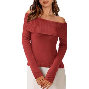 imagePRETTYGARDEN Off The Shoulder Sweater for Women 2025 Fall Fashion Cute Long Sleeve Tops Winter Ribbed Pullover Knit OutfitsOrange Red