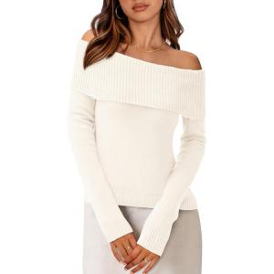 imagePRETTYGARDEN Off The Shoulder Sweater for Women 2025 Fall Fashion Cute Long Sleeve Tops Winter Ribbed Pullover Knit OutfitsWhite