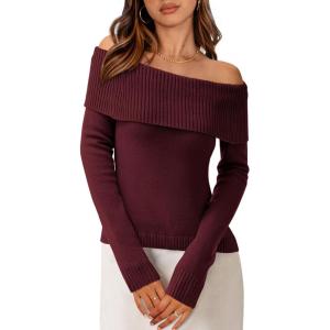 imagePRETTYGARDEN Off The Shoulder Sweater for Women 2025 Fall Fashion Cute Long Sleeve Tops Winter Ribbed Pullover Knit OutfitsWine Red