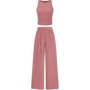 imagePRETTYGARDEN Spring Two Piece Sets For Women 2025 Ribbed Knit Crew Neck Sleeveless Tank Tops Wide Leg Pants Casual Lounge SetDusty Pink