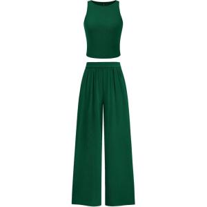 imagePRETTYGARDEN Spring Two Piece Sets For Women 2025 Ribbed Knit Crew Neck Sleeveless Tank Tops Wide Leg Pants Casual Lounge SetGreen