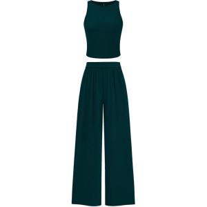 imagePRETTYGARDEN Spring Two Piece Sets For Women 2025 Ribbed Knit Crew Neck Sleeveless Tank Tops Wide Leg Pants Casual Lounge SetLake Blue