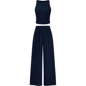 imagePRETTYGARDEN Spring Two Piece Sets For Women 2025 Ribbed Knit Crew Neck Sleeveless Tank Tops Wide Leg Pants Casual Lounge SetNavy
