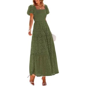 imagePRETTYGARDEN Summer Dresses for Women 2025 Eyelet Square Neck Puff Sleeve Smocked Wedding Guest Maxi Dress with PocketsArmy Green